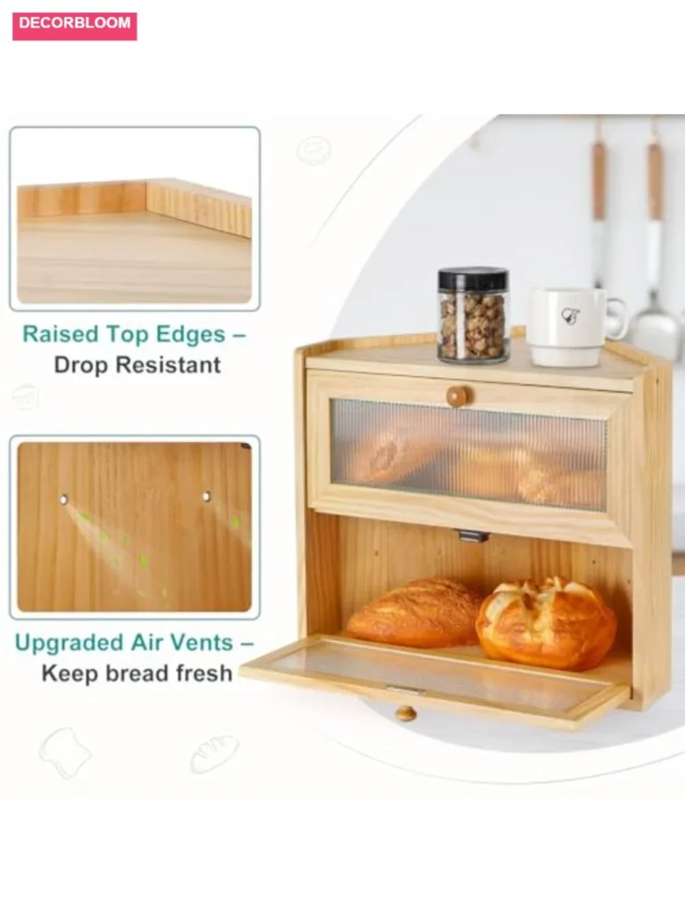 Rustic Wooden 2 Tier Bread Box with Acrylic Window, Magnetic Closure,